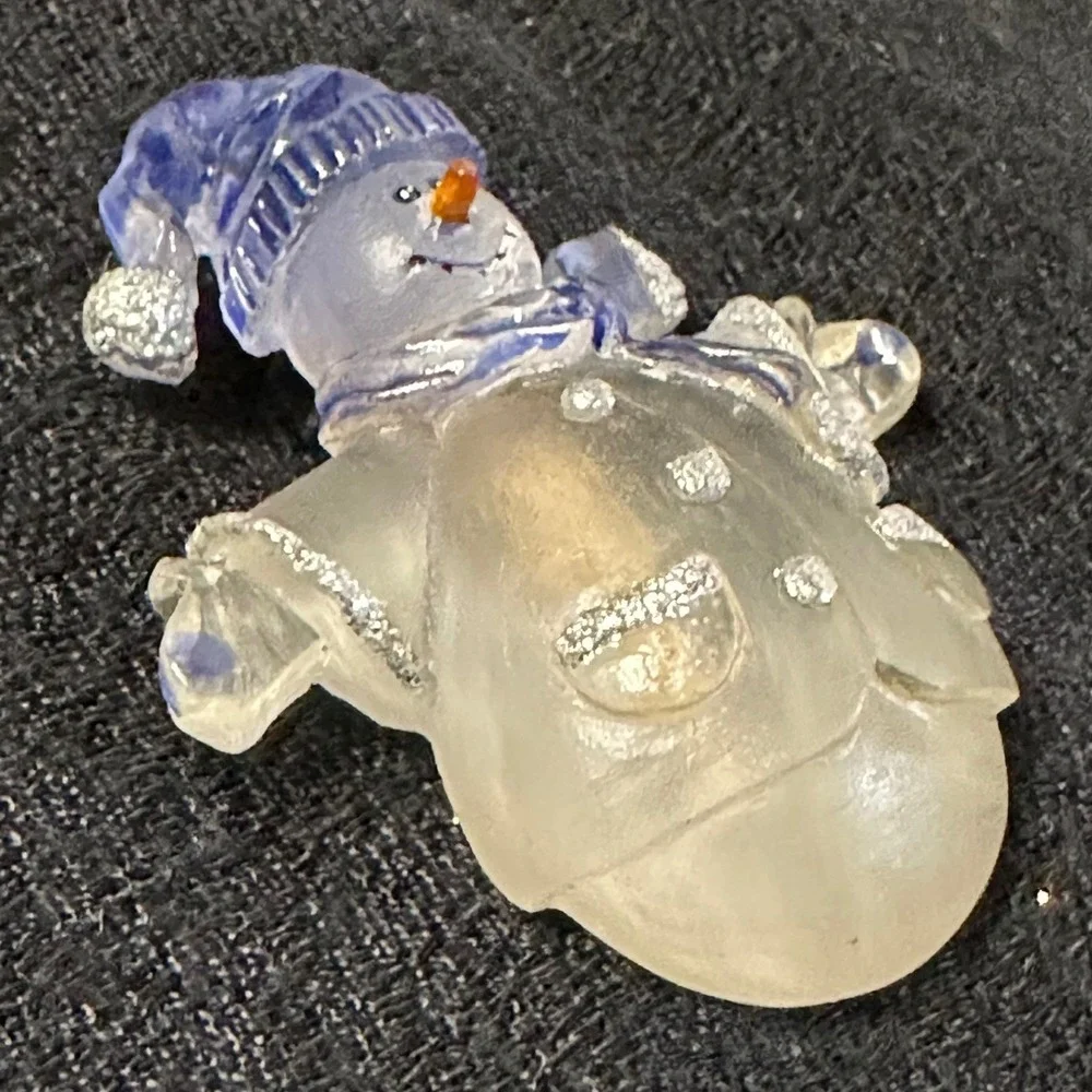 Snowman Brooch Pin Clear Acrylic Blue Hat Glitter Holiday Winter